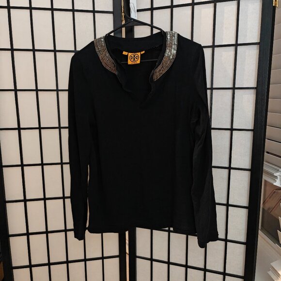 Tory Burch Black Beaded Collar Long Sleeve Top 100% Cotton Dressy Casual- Size L - Picture 4 of 7